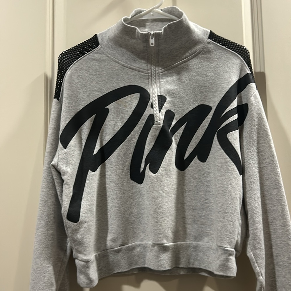Victoria’s Secret Pink 1/2 ZipUP graphic crop mesh Sweatshirt long sleeve size S
